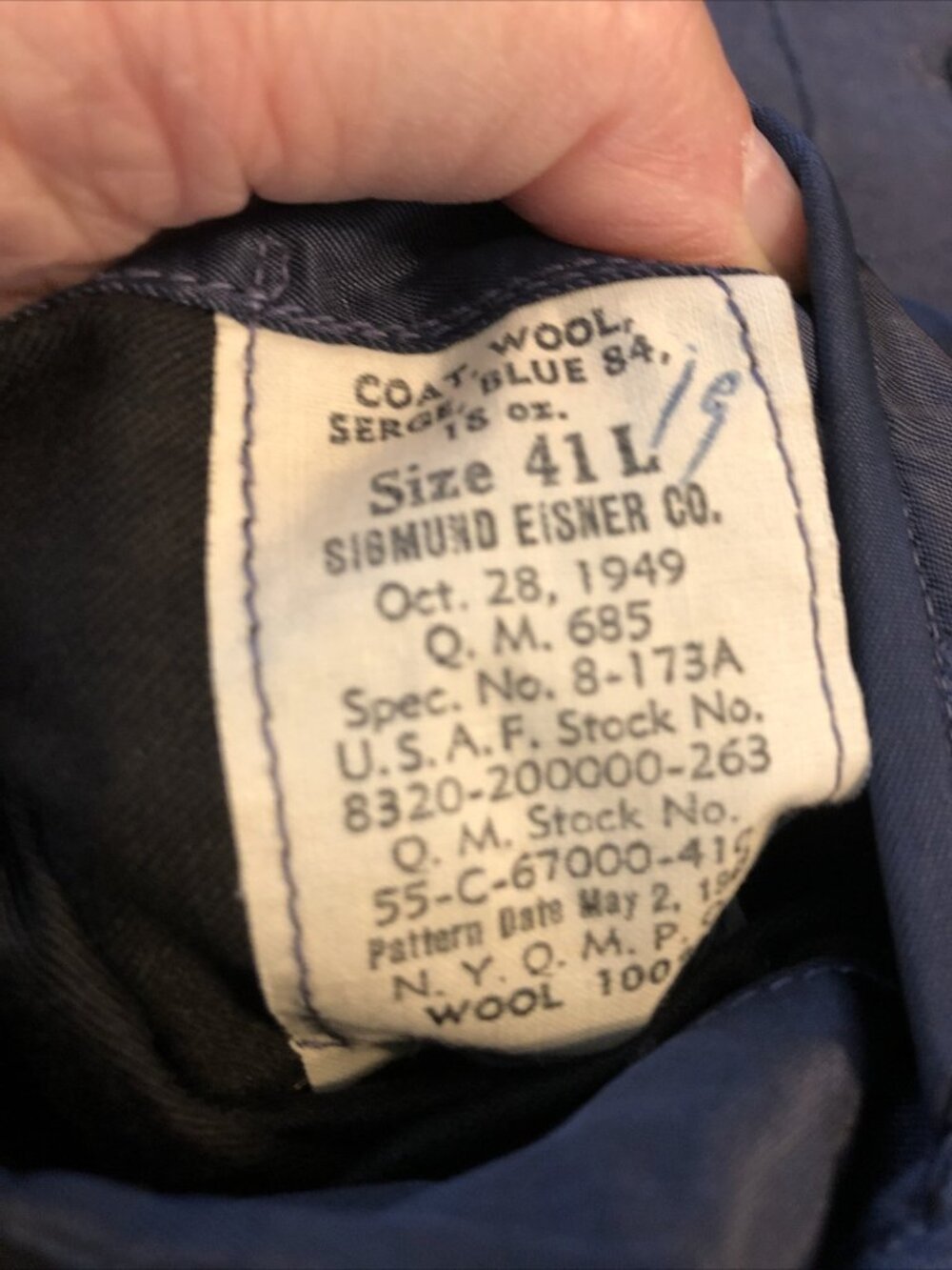 US Air Force 1949 Serge Blue 84 Wool Coat Jacket 41 L - Picture 7 of 10